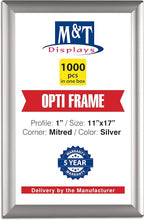 M&T Displays Opti Snap Poster Frame 11x17 Inch Silver 1" Aluminum Profile Front Loading Wall Mounting Photo Picture Document Certificate Sign Holder Mitered Corner Anti Glare Cover (1000 pack)