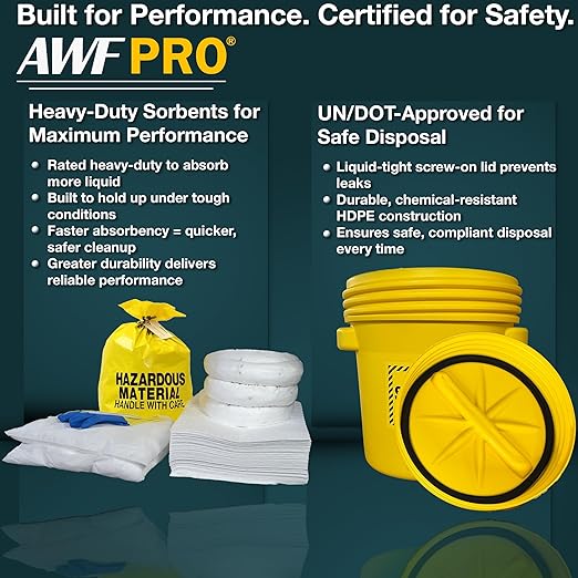 AWF PRO 20 Gallon Oil Only Spill Kit, 59 Pieces – 20 gal DOT Approved Drum, Socks, Pads & Pillows, & Accessories