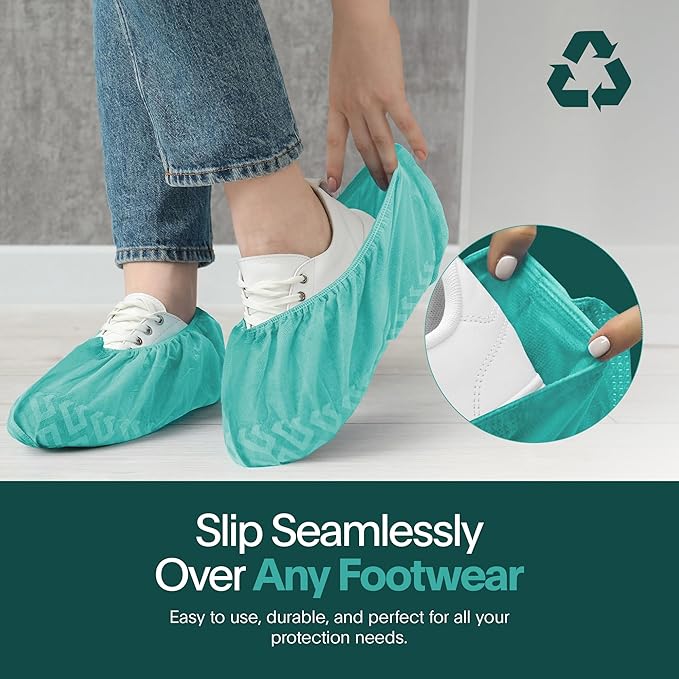 Premium Boot & Shoe Covers Disposable Booties - 100 Pack - Durable, Non-Slip, Non-Toxic, Water Resistant, Recyclable Protectors for Indoor & Outdoor - Large Size Fits Most Shoes