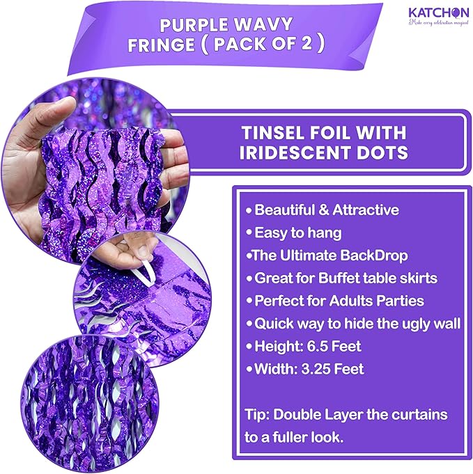 Katchon, Wavy Purple Foil Fringe Curtain - Pack of 2 | Wavy Streamers, Unicorn Party Decorations | Purple Fringe Backdrop for Baby Shower, Birthday, Mermaid Party Decorations | Halloween Decor Indoor