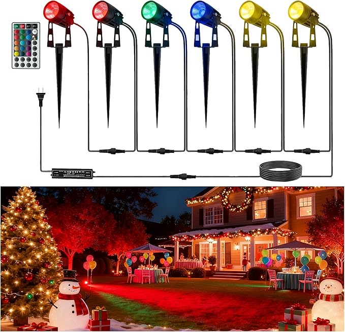 L LOHAS LED RGB Dusk to Dawn Low Voltage Landscape Lighting, Christmas Outdoor Spotlight with Transformers&Remote Control, IP65 Color Changing Timing Plug in Spotlights for Yard Backyard Pathway 6Pack