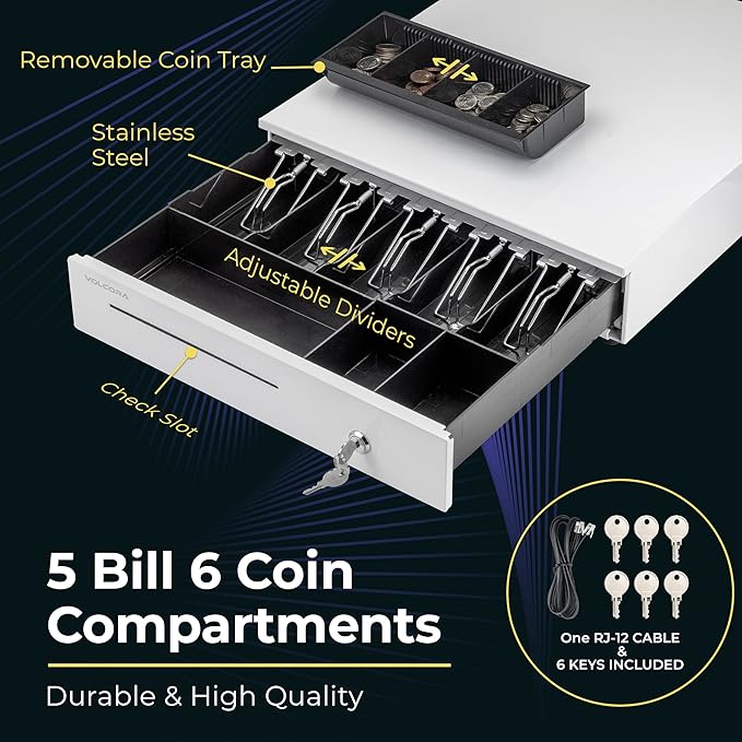 Volcora 16" Cash Register Drawer for Point of Sale (POS) System with 5 Bill 6 Coin Cash Tray, Removable Coin Compartment, 24V, RJ11/RJ12 Key-Lock, Media Slot, White - for Stores, Shops and Businesses