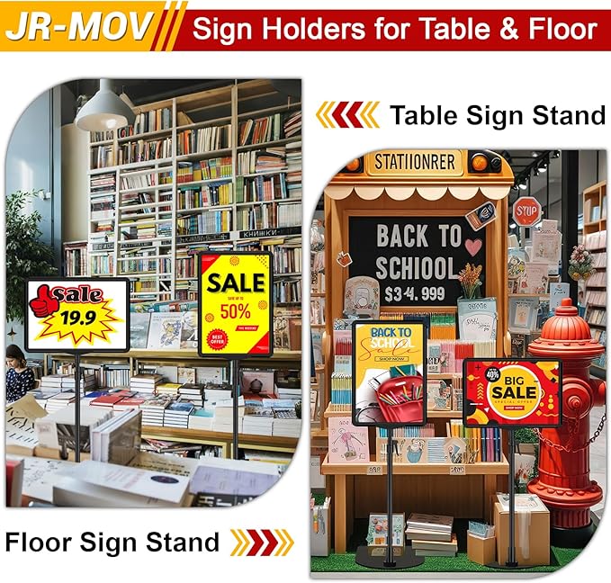 Table Top Sign Holders 8.5 x 11, Double-Sided Adjustable Floor Standing Sign Holder for Vertical Horizontal View, Black Tabletop Poster Stands for Display, Fit Retail Event Store, 8 Pack