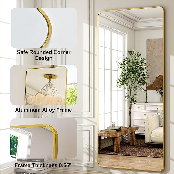 HARRITPURE 71"x32" Large Full Length Mirror - Rectangular Gold Aluminum Frame Floor Mirror with Stand for Bedroom, Living Room, Cloakroom, Full Body Reflection