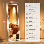 Full Length Mirror with Lights, 67" x 24" LED Lighted Floor Standing Body Mirror, Dimmable & 3 Color Lighting for Bedroom, Cloakroom, Dressing Room, Tempered Glass, Square White