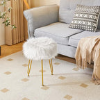 IBUYKE Faux Fur Vanity Stool Chair, Furry Makeup Stool Ottoman, Soft Padded Seat, Round Footrest Footstools with 4 Metal Legs, for Living Room Bedroom Entryway, White LG-32W