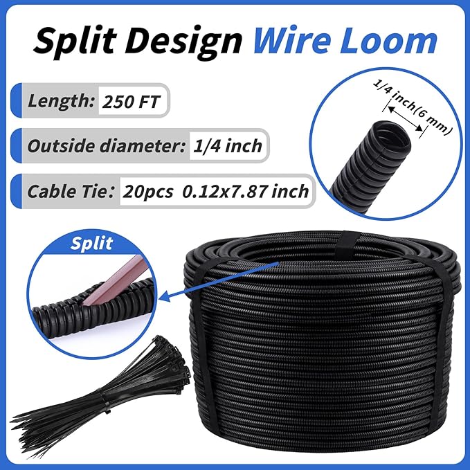 250FT Split Wire Loom Tubing, 1/4 Inch Wire Protector Tubing, Automotive Wire Flexible Conduit Cord Covers with 20 Cable Ties for Automotive Marine RV Agriculture Electrical Cable Protection