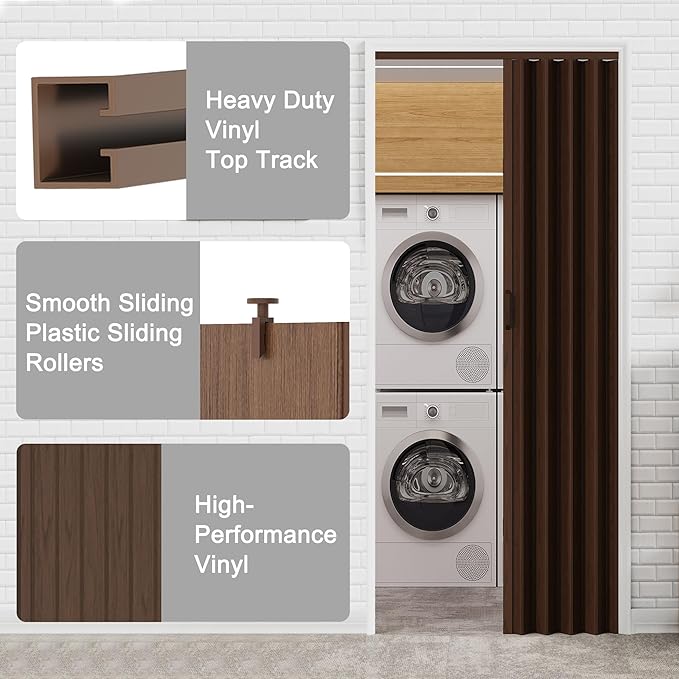 61"-72" x 80" Accordion Doors Interior - Three Installation Options, Vinyl PVC Bifold Accordion Closet Doors, Includes Door & Mounting Hardware, Handle, Temporary Folding Door for Doorway, Walnut