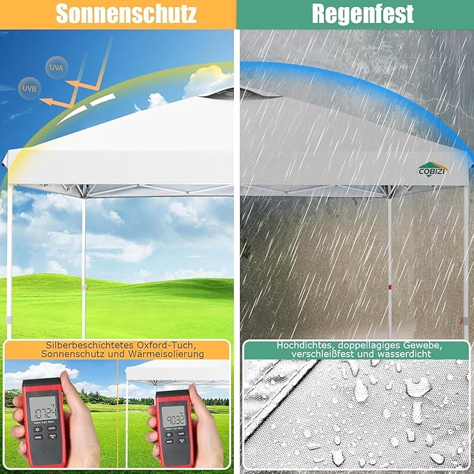COBIZI 3x3 Outdoor Gazebo, Heavy Duty, Foldable, Waterproof, UV Protection 50+, Adjustable Height, for Garden, Parties, Market, Camping (White)