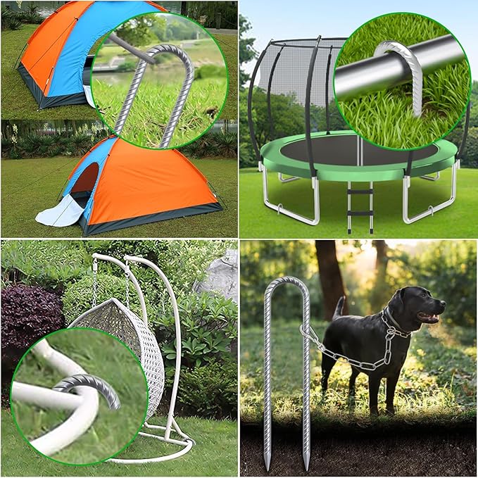 16 Inch Heavy Duty Trampoline Stakes, U Shaped Rebar Ground Anchors for High Wind, 3/8" Thick Steel U Shaped Stakes for Trampoline, Tent, Canopy, Swing Set, Playground & Bounce House, 8 Pack
