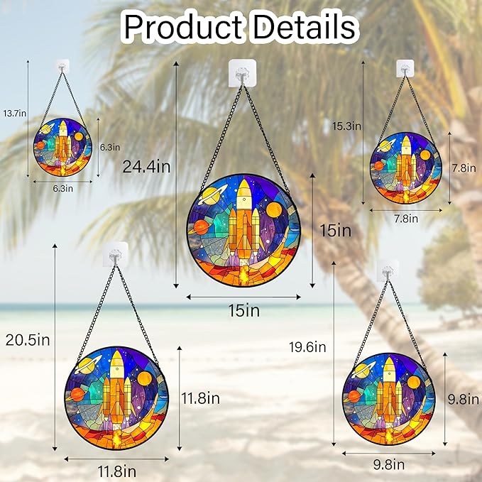 Stained Glass Window Hanging Abstract Universe Planetary Rocket 6.3" - Suncatcher Door Garden Sun Catcher Home Decor Birthday Children's for Men Teenage Boys Kids