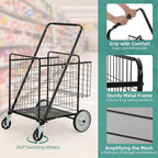 YITAHOME Folding Shopping Cart with Wheels, Rolling Foldable Grocery Cart with Rear Basket, Portable Collapsible Utility Cart with Reinforced mesh Bottom Panel for Shopping Groceries Laundry Storage