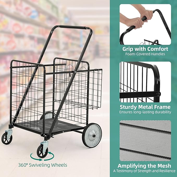 YITAHOME Folding Shopping Cart with Wheels, Rolling Foldable Grocery Cart with Rear Basket, Portable Collapsible Utility Cart with Reinforced mesh Bottom Panel for Shopping Groceries Laundry Storage