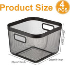 4 Pack Metal Mesh Steel Basket with Hollow Handles Square Wire Mesh Open Bin Fruit Storage Basket for Kitchen Bathroom Picnic Shopping Cabinet Home Items (Large,Black)