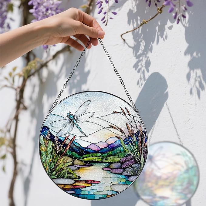 8 Inch Stained Glass Suncatcher Ornament, DOUHASU Dragonfly Sun Catchers Indoor Window, Stained Glass Window Hanging, Home Decor, Dragonfly Lovers Gifts for Her, Women, Mom, Wife