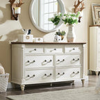 T4TREAM Farmhouse 7 Drawers Dresser Chests for Bedroom w/ 4 Solid Wood Feet & Column Decor, Tall Wide Wood Country Rustic Chest of Drawers, Storage Dressers for Bedroom, Living Room, Antique White