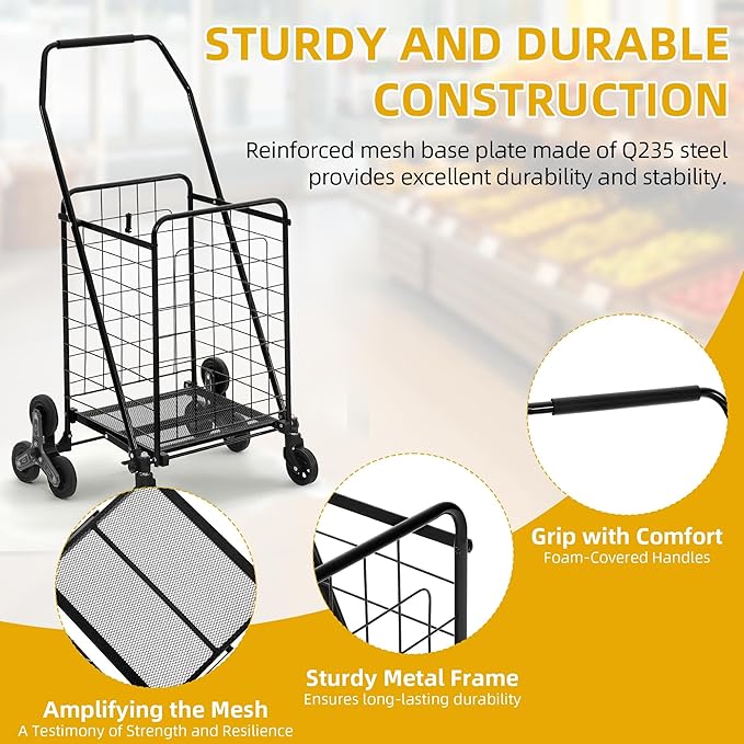 DWVO Folding Stair Climber Shopping Cart, Tri-Wheel Design & 360° Swivel Wheels, Ideal Heavy Duty Utility Cart for Shopping, Laundry, Travel & Stairs for Seniors