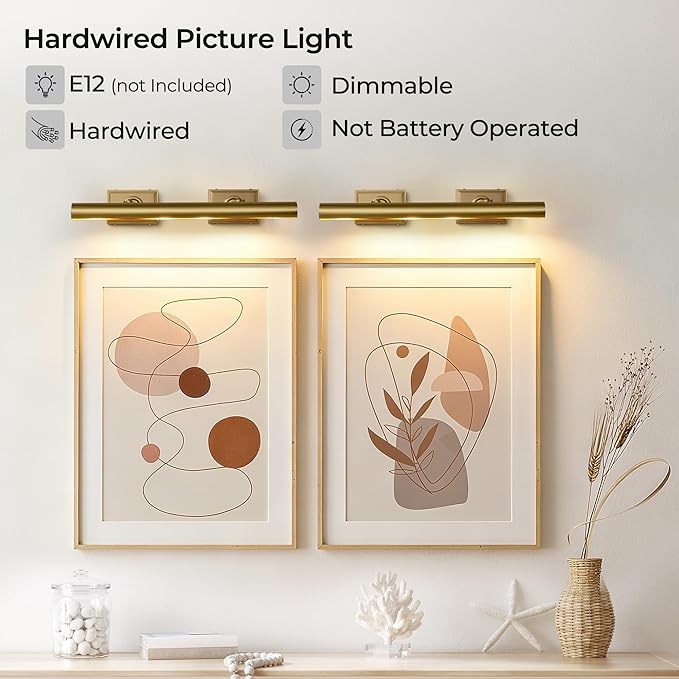 Picture Light, 24in Hardwired Picture Lights for Wall, Dimmable Wall Sconces Poster Light, Brass 4 Lighting for Paintings Frames Art Display Gallery Bedroom Living Room No Bulbs