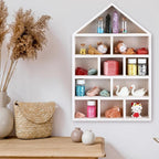 House Shaped Wooden Shadow Cubby Box 10 W x 2 1/4 D x 15 H Hanging Display Shelf Organizer Wall Mounted Curio Cabinet Wooden Display Case Miniature Shelf for Figures(Wood Color)