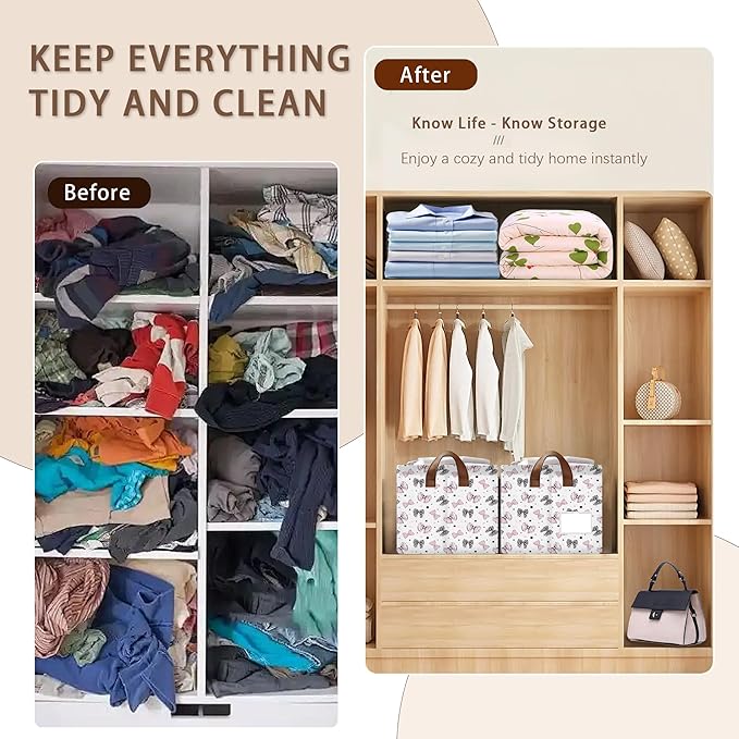 Bowknot Storage Basket Large 17x11.5x10.5 Inches - Collapsible Fabric Organizer Bin with Handles for Toys,Laundry,Closet - Foldable Decorative Hamper with Bow Design - Single Pack
