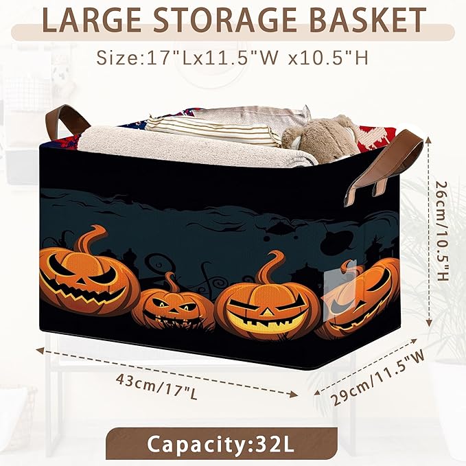 Halloween Pumpkin Storage Basket Large 17x11.5x10.5 Inche-Collapsible Fabric Organizer Bin with Handles for Fall Decor, Party Supplies, Nursery-Decorative Hamper with Jack-O-Lantern -Single Pack