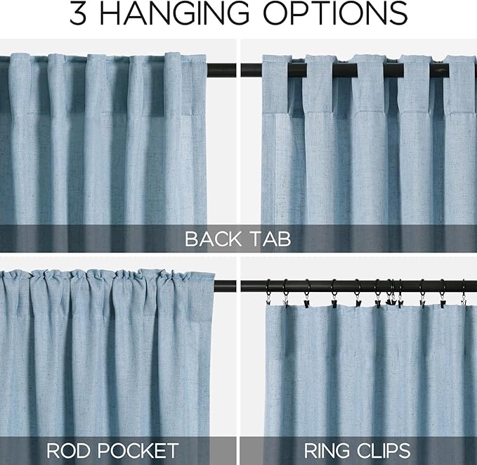 Nanspring Blue Semi Sheer Linen Curtains 90 inch Length for Living Room Back Tab Rod Pocket Modern Farmhouse Coastal Decor Dusty Blue Cotton Textured Gauze Curtains for Dining Room Office 52x90