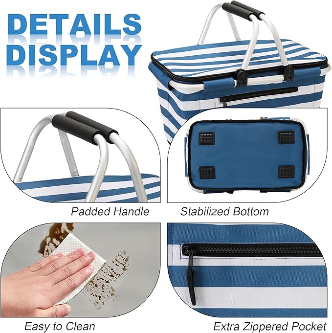 SIYUAN Picnic Basket with Handles 30L Large Stripped Insulated Cooler Leakproof Grocery Shopping Market Tote for Family Blue White