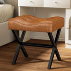 18-Inch Large Leather Vanity Stool, Vanity Chair with Metal X-Leg, Ottoman Accent Stool with Thick Padded Saddle Seat, Brown