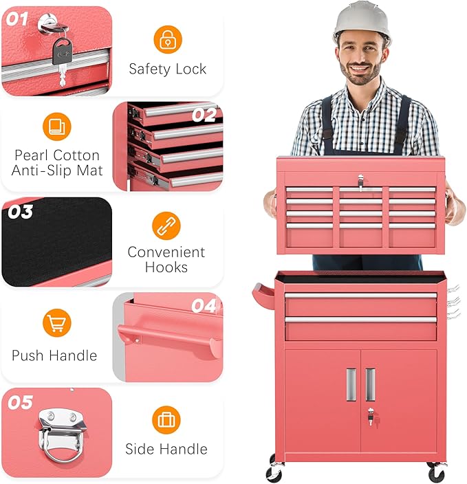 INTERGREAT Tool Chest, Assembled Tool Cabinet with 8 Drawers, Detachable Organized Tool Chests, Lockable Tool Cabinet for Workshop, Warehouse, Mechanics Garage (Pink)
