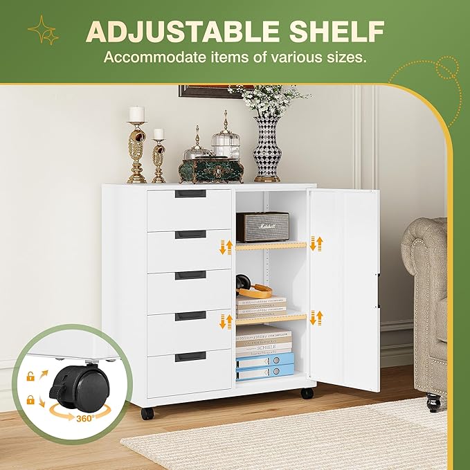 Office Storage Cabinet, 5 Drawer Metal Cabinet, Printer Stand with Storage Shelves, Mobile Storage Cabinet, Craft Storage Drawers for Home (White)