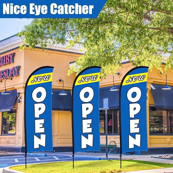 Buryeah 3 Sets Now Open Feather Flag Pole Kit for Business Advertising 7 ft Open Flag Banner Sign with Pole Kit Ground Stake and Portable Bag for Outside Ground (Blue)