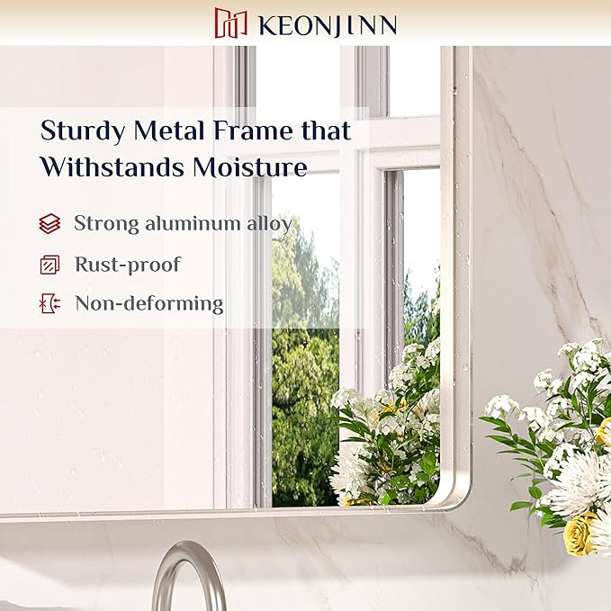 Keonjinn 24 x 30 Inch Brushed Nickel Bathroom Mirrors for Over Sink, Rounded Rectangle Silver Bathroom Vanity Mirror, Farmhouse Mirror for Wall, HD Tempered Glass, Anti-Rust Aluminum Alloy Mirror