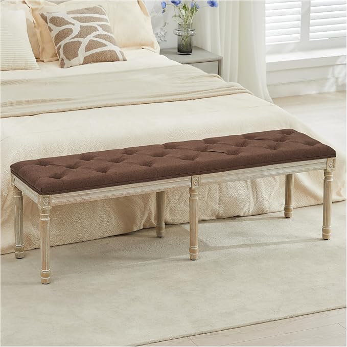 LOULENS 57.7" Linen Fabric End of Bed Bench, French Upholstered Button Tufted Bench for Bedroom End of Bed, Window Seat with Carved Wood Legs for Bedroom, Living Room, Entryway, Brown