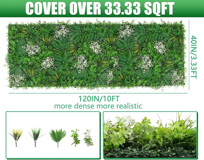 Artificial Grass Wall 40"x120"(33.33 SQFT), Boxwood Roll Panels UV-Protected Faux Grass Backdrop Wall,Greenery Privacy Hedge Screen for Outdoor Garden Patio, Indoor Party Balcony Fence Decor