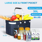 LIQING 35L Large Picnic Basket 2 Layers of Internal Pockets Leak-Proof and Insulated ，Folding with Internal Support for enhansed Stability, Wedding Gifts for Couple(Navy Blue)
