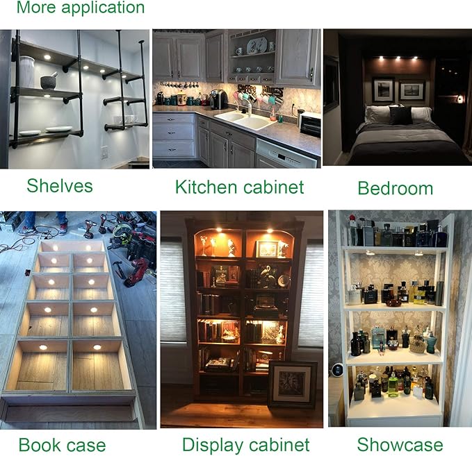 AIBOO Linkable LED Under Cabinet Lights 12V Slim Aluminum Dimmable Puck Lights with RF Remote Control & ETL Listed Power Adapter for Accent Display Lighting (4 Lights, Warm White)