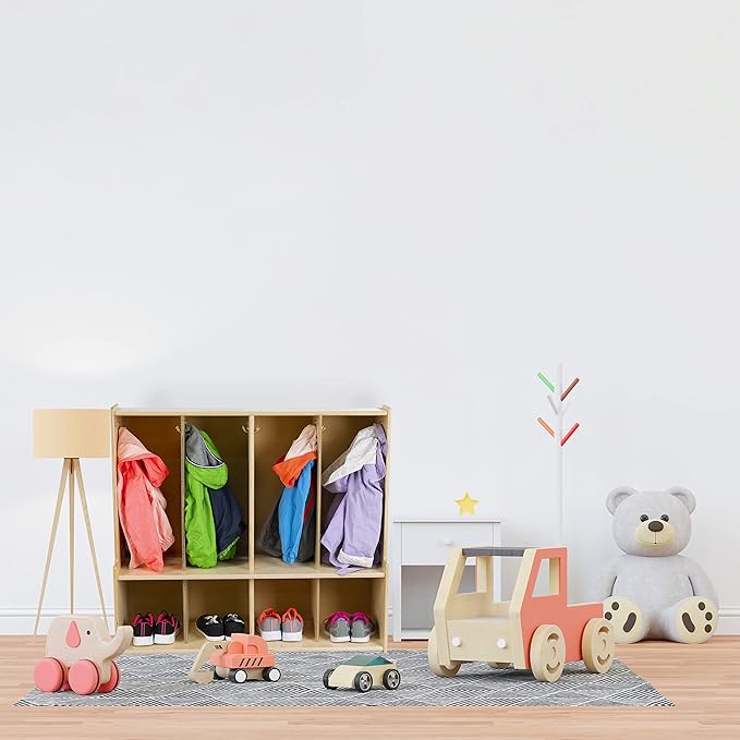 4-Section Coat Locker with Bench & Cubby Storage Organizer Cubes, Wooden Backpack Storage Organizer with Coat Hooks and Cubbies for Kids, Daycare, Classroom
