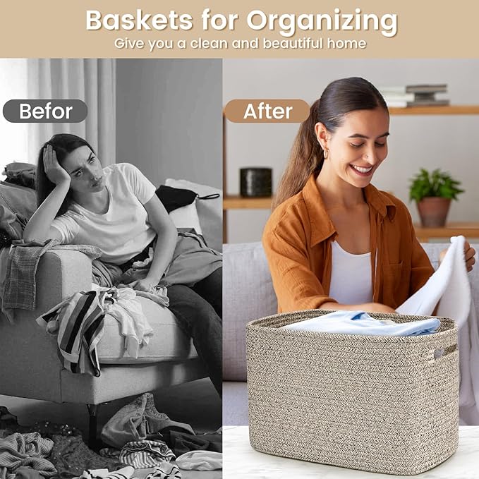 3 Pack Shelf Woven Storage Basket, 15 x 10 x 9” Closet Rope Baskets For Organizing, Square Bins with Handles, Brown