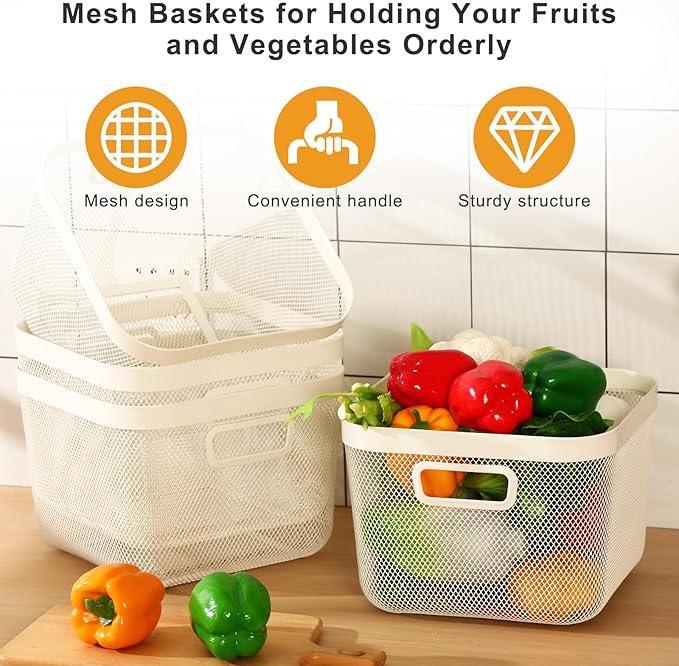 4 Pack Metal Mesh Steel Basket with Hollow Handles Square Wire Mesh Open Bin Fruit Storage Basket for Kitchen Bathroom Picnic Shopping Cabinet Home Items (Large,White)