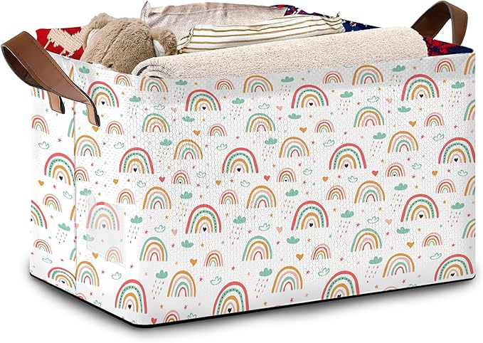 Rainbow Colors Storage Basket Large 17x11.5x10.5 Inche-Collapsible Fabric Organizer Bin with Handles for Kids Room, Nursery, Playroom-Foldable Decorative Hamper with Multicolor Arc Design-Single Pack