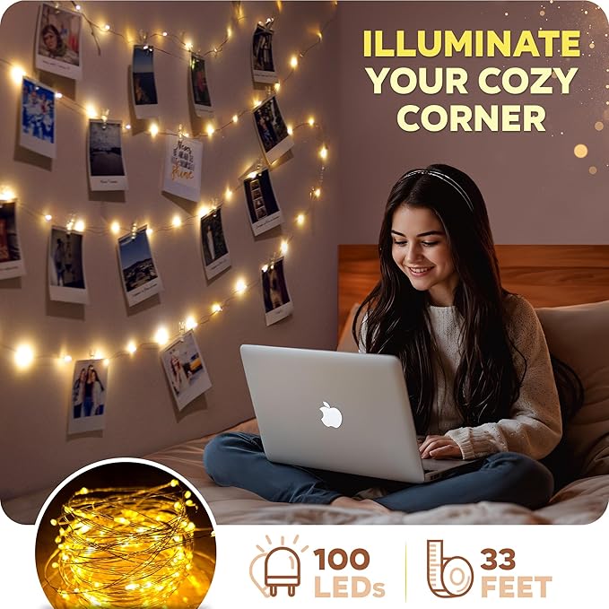 Mind-Glowing Photo Clips String Light - Dreamy Fairy Lights with Clips - Stocking Stuffers for Teen Girls 2025 - Trendy Stuff Room Decor - Christmas Gift for Any Year Old Tween Girl (100 LED, 33 ft)