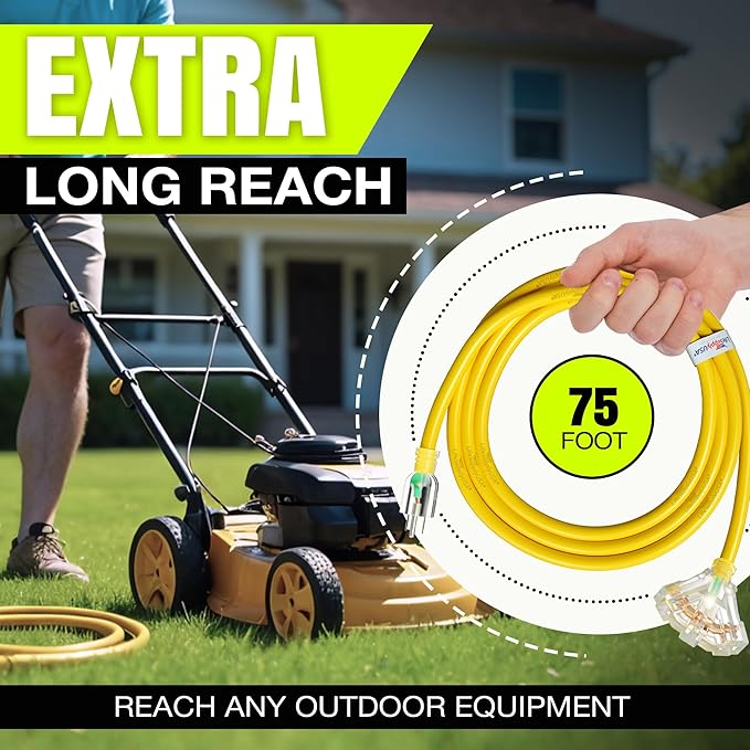 75ft Outdoor/Indoor Extension Cord 3-Outlet 12/3 Gauge Extra Heavy Duty ETL Listed, 3 Prong SJTW, Waterproof, Flexible Cold-Resistant Long Power Cord,15A 125V 1875W, Yellow by LifeSupplyUSA
