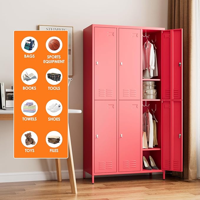 Aobabo Metal Locker for Employees, 6 Doors Metal Locker Cabinet with Lock, Industrial Storage with 18 Hooks, Storage for Home, Office, Gym, Assembly Required, Red