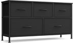 SONGMICS Dresser for Bedroom, Chest of Drawers, TV Stand, Steel, MDF, 5 Non-Woven Fabric Drawers, Storage Organizer Unit, Closet, Entryway, Ink Black and Ebony Black ULGS322B01S