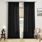 Pinch Pleated Black Linen Curtains 96 Inches Long for Living Room Bedroom Light Filtering Boho Window Drape 96 Inch 2 Panels with Hooks Rings 8ft Black Sliding Glass Door Semi Sheer Curtain