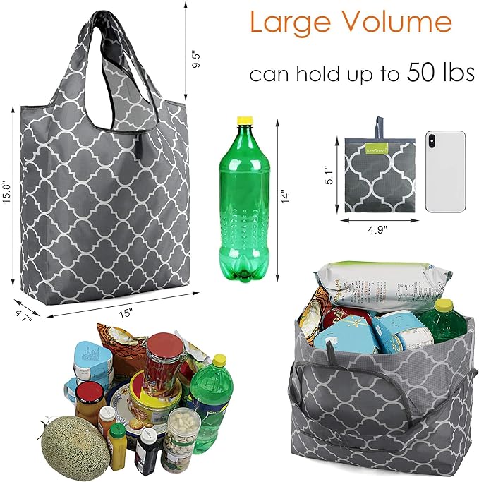 BeeGreen Grocery Bags | Reusable Gift Bags, Large Tote for Women & Foldable Beach Bag - 6 Pack Reusable Bag With Handles | Collapsible Cute Cloth Storage for Market, Holiday & Shopping | Washable