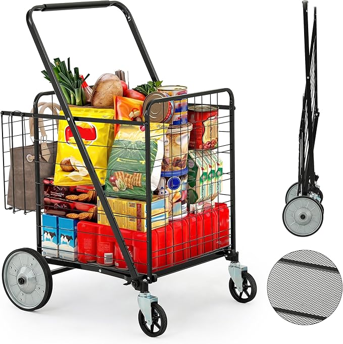 YITAHOME Heavy-Duty Jumbo Folding Shopping Cart with Wheels, Super Large Double Basket Grocery Cart, Collapsible Utility Cart for Shopping, Groceries, Laundry & Storage (Portable & Sturdy)