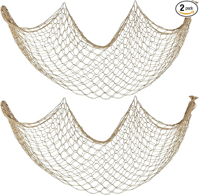 Decorative Fishing Net 2 Pack, 5x10 ft Large Caramel Fish Net Decor for Wall, Photo Display, Nautical Mermaid Pirate Ocean Themed Beach Hawaii Under The Sea Party Decorations