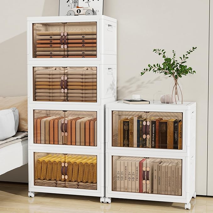 Storage Bins with Lids and Wheels, 398QT-99.5QT*4Tier Collapsible Bathroom Storage Cabinet with Clear Doors, Plastic Stackable Closet Organizers and Containers White