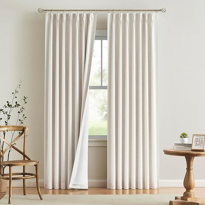 Vision Home Natural Pinch Pleated Full Blackout Curtains Linen Blended Room Darkening Window Curtains 112 inch for Living Room Bedroom Thermal Insulated Pinch Pleat Drapes with Hooks 40" Wx112 Lx2